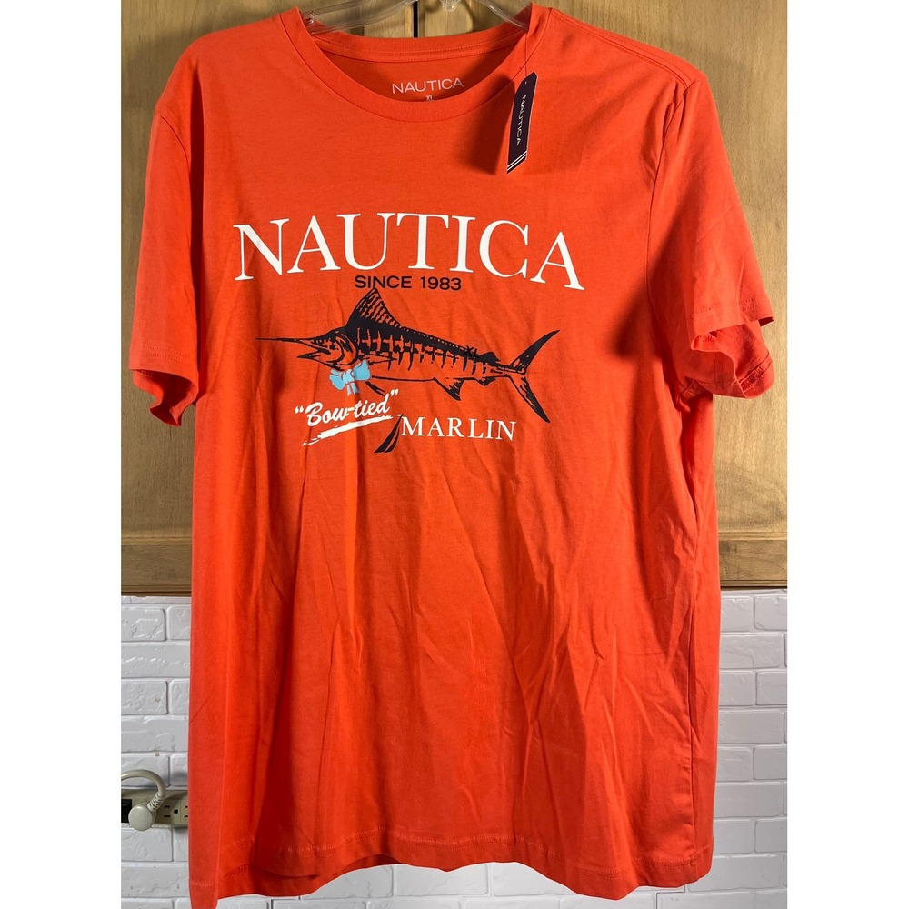 Nautica T-Shirt Mens XL Orange Bow-tied Marlin Graphic Short Sleeve Tee